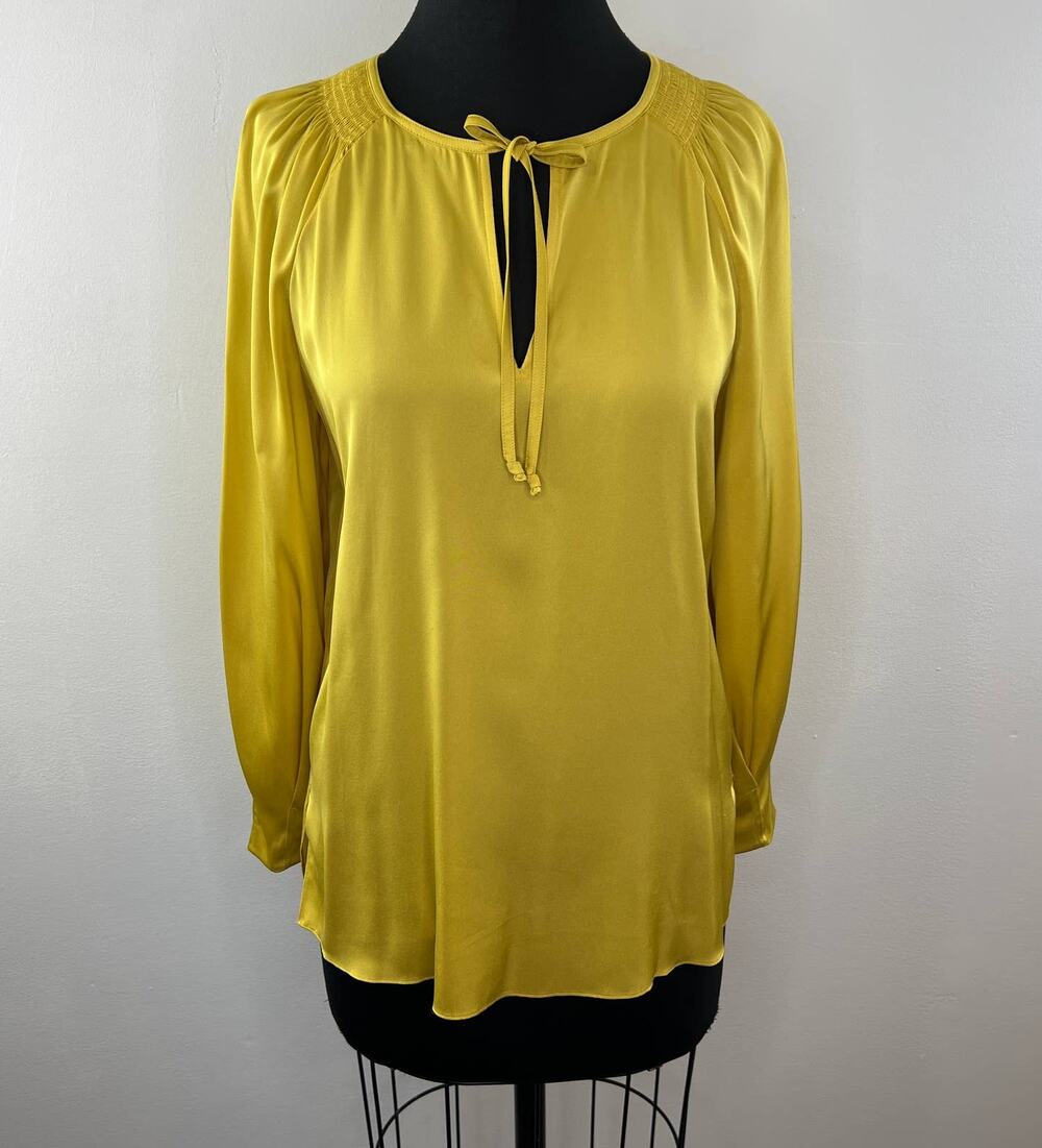 Kobi Halperin Mustard Yellow Silk Karem Long Sleeve Tie Neck Satin Blouse S